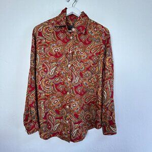 Liz Wear Womens Paisley Button-Up Shirt Medium Red Long Sleeve 100% Rayon Pocket